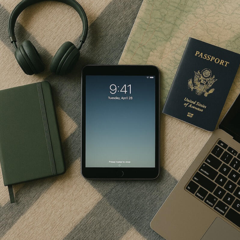 iPad mini on a checkered blanket with passport, planner, computer and headphones surrounding